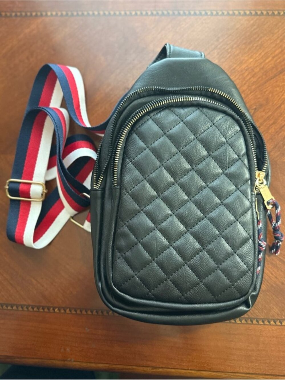 Quilted Black Crossbody Sling Bag with Striped Strap NEW